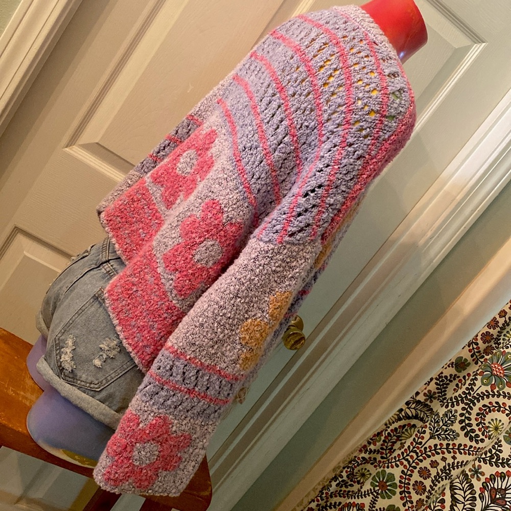 Moon & Madison Artistic Floral Kawaii Cute Purple, Pink, & Orange Sweater - Picture 10 of 14